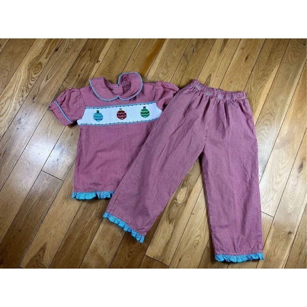 Three Momas Girls Smocked Ornament Christmas Outfit Size 4